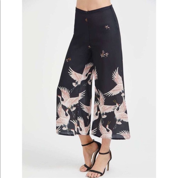 Black Crane Print Wide Leg Pants - Picture 4 of 6